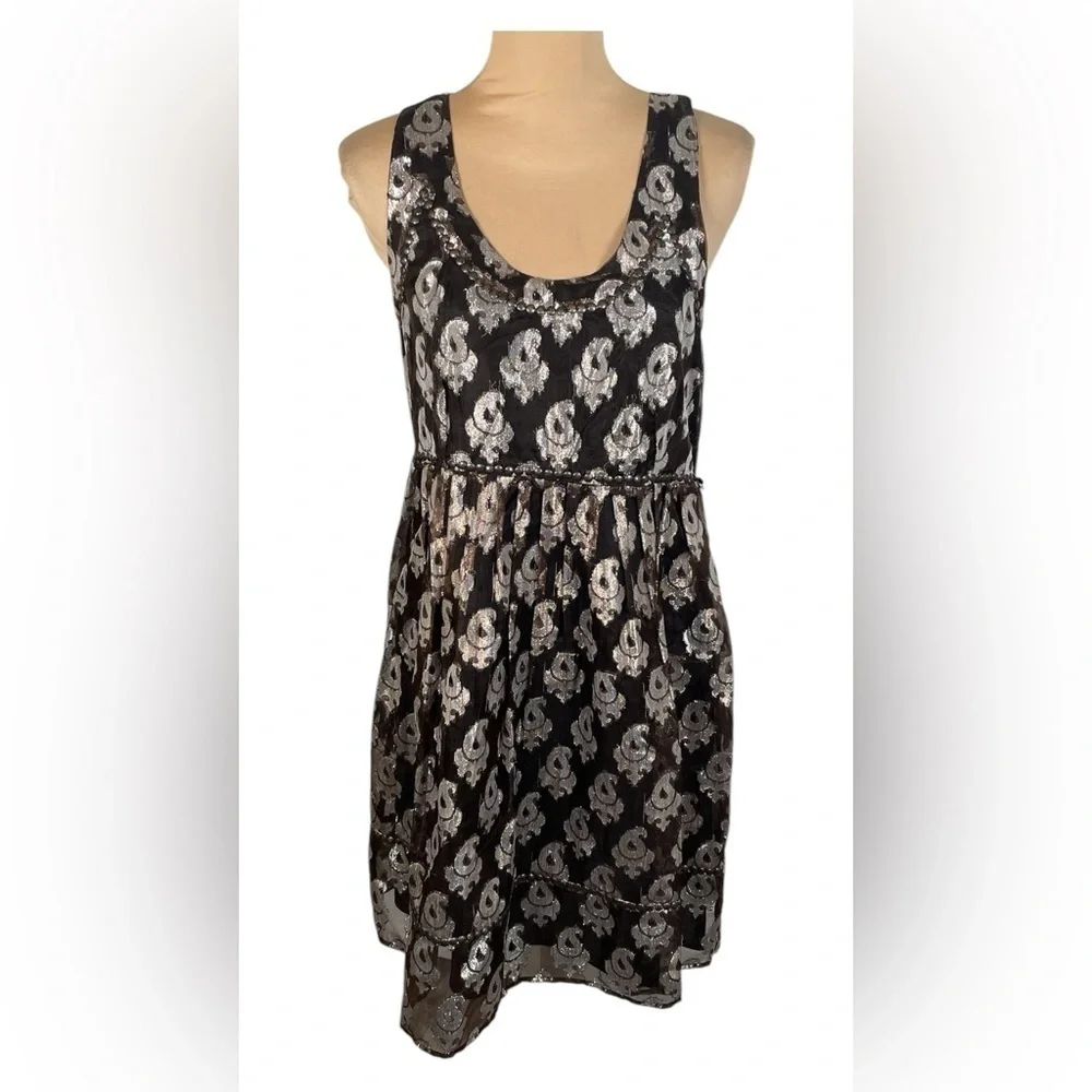 Free People Mini Dress Womens 10 Black Metallic Silver Bronze Studded‎ Racerback
